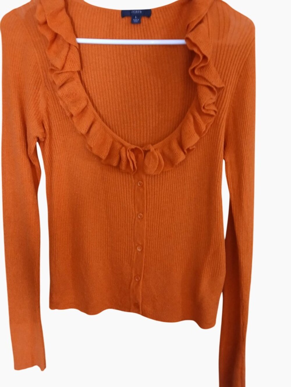 J Crew Womens Orange Silk Cashmere Blend Ruffle Cardigan Sweater Size L Fall - Picture 2 of 11